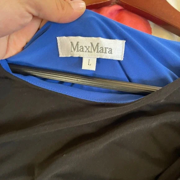 Max Mara Black Cobalt Blue Asymmetric Long Sleeve Draped Cotton Dress Large - Picture 3 of 6